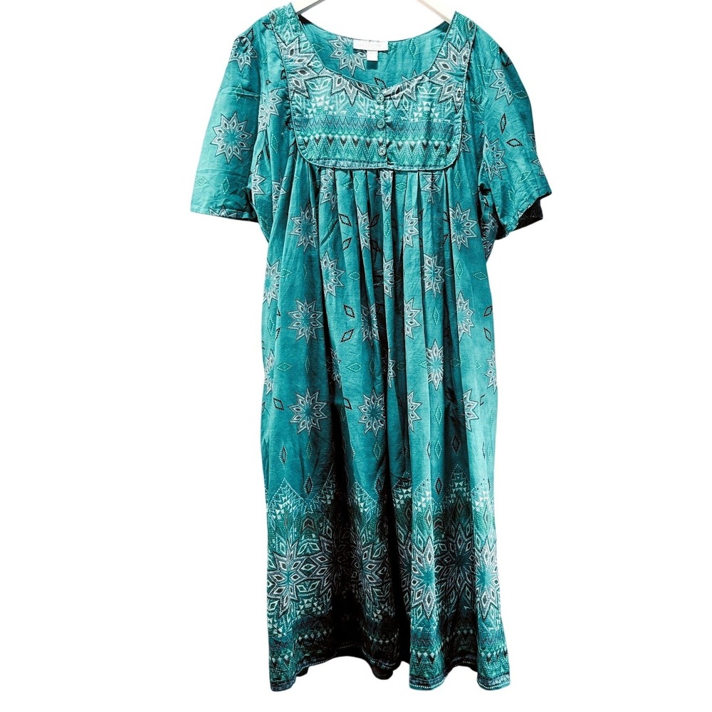 Only Necessities House Dress Plus Size 26/28 2X Blue Green Cotton Lounge Muu Muu